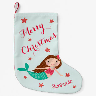 Mermaid Christmas Red Aqua Personalized Small Christmas Stocking