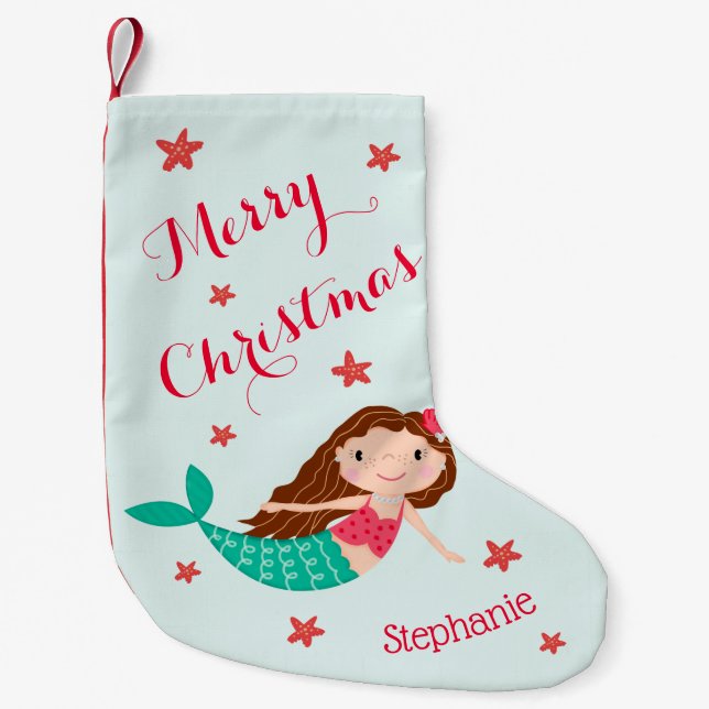 Mermaid Christmas Red Aqua Personalized Small Christmas Stocking (Front)