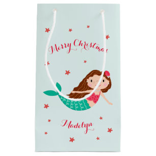Mermaid Christmas Red Aqua Personalized Small Gift Bag