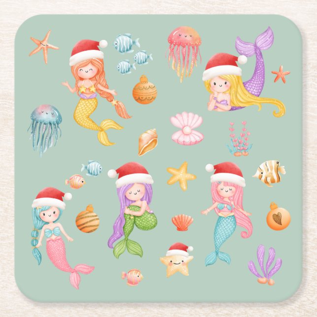 Mermaid Christmas Square Paper Coaster (Front)