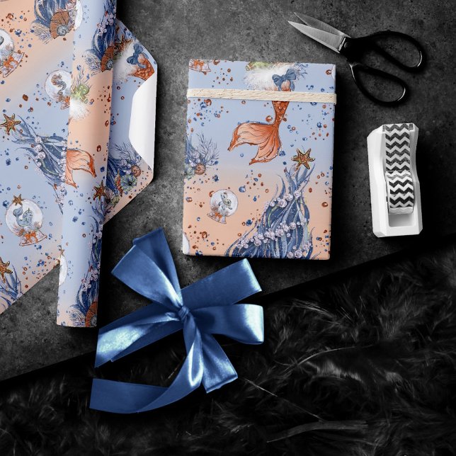Mermaid Christmas | Stocking and Tree Blue Orange Wrapping Paper (Creator Uploaded)