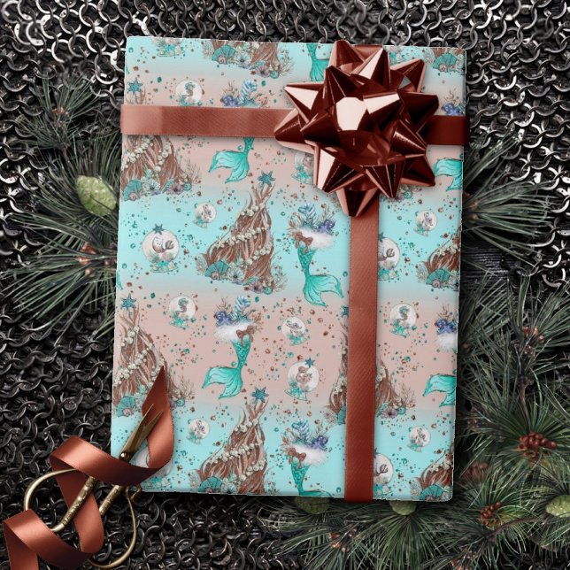 Mermaid Christmas | Stockings and Trees Teal Peach Wrapping Paper (Creator Uploaded)