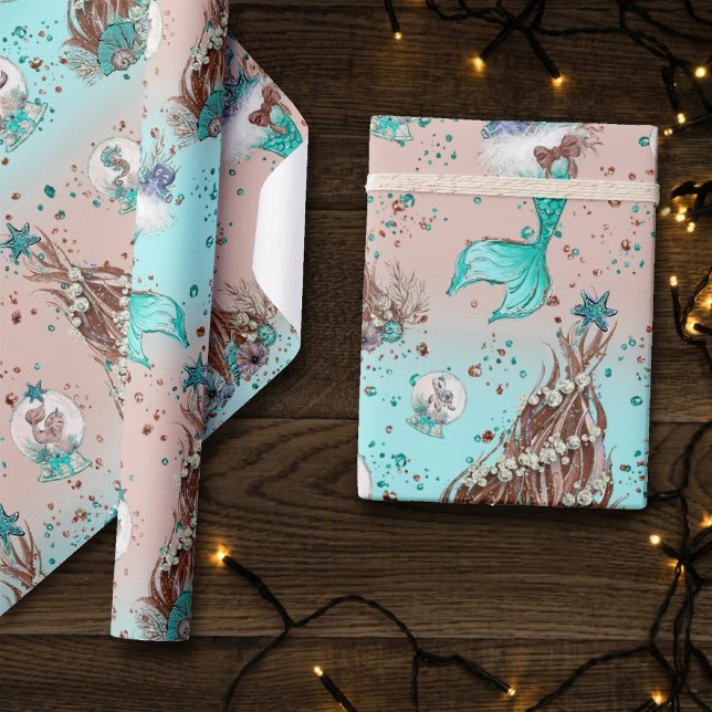 Mermaid Christmas | Stockings and Trees Teal Peach Wrapping Paper (Creator Uploaded)