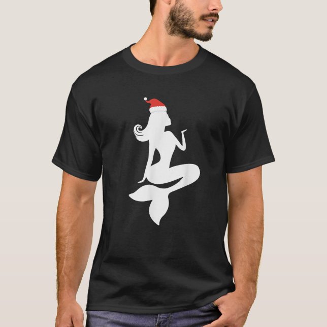 Mermaid Christmas Wearing Santa Hat Silhouette Ima T-Shirt (Front)