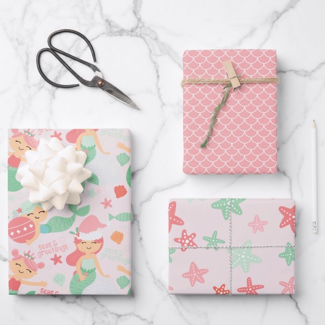 Mermaid Christmas Wrapping Paper Sheet (Front)