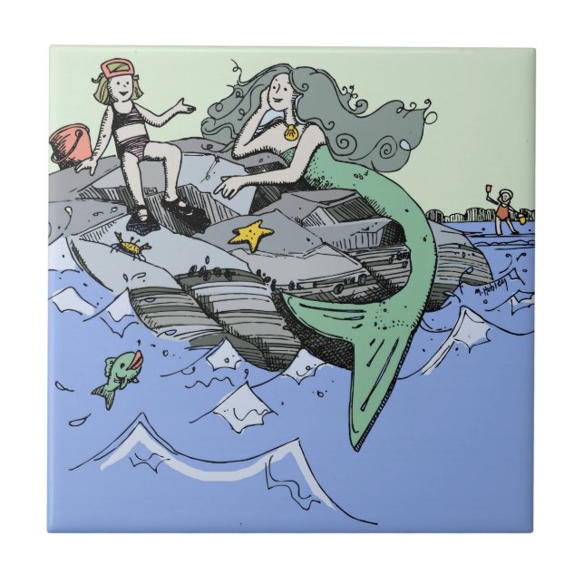 Mermaid coastal cute cartoon beach child art tile (Front)