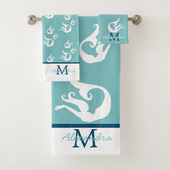 Mermaid coastal Teal Blue White Beach  Bath Towel  (Insitu)