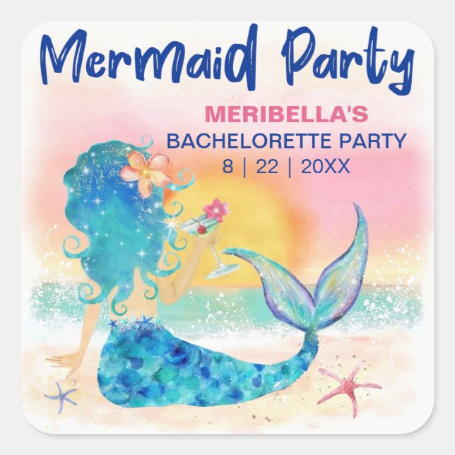 Mermaid Cocktail Tropical Beach Bachelorette Party Square Sticker (Front)