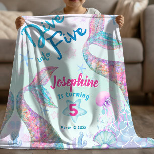 Mermaid colorful dive into five fifth birthday fleece blanket