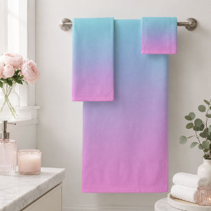 Mermaid colours gradient purple pink aqua ombre bath towel set