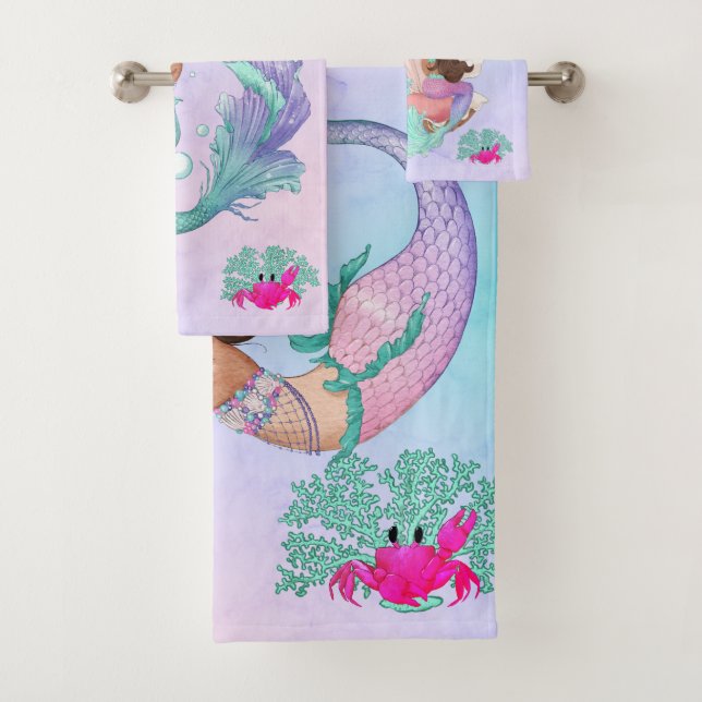 Mermaid Cute Blue Pink Starfish Personal Bath Towel Set (Insitu)