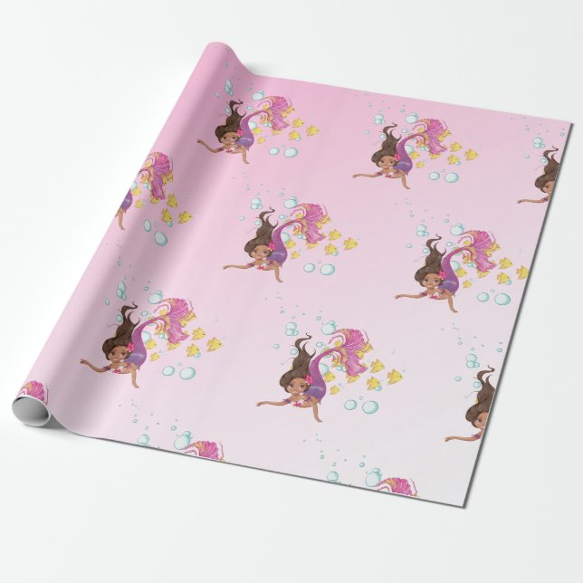 Mermaid Cute Bubbles Pink Wrapping Paper (Unrolled)