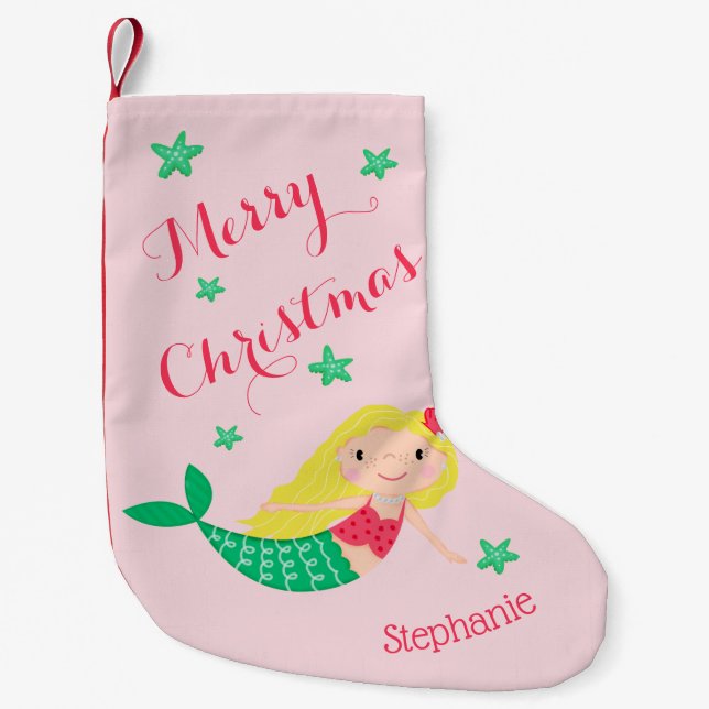 Mermaid Cute Festive Personalized Name Small Christmas Stocking (Front)