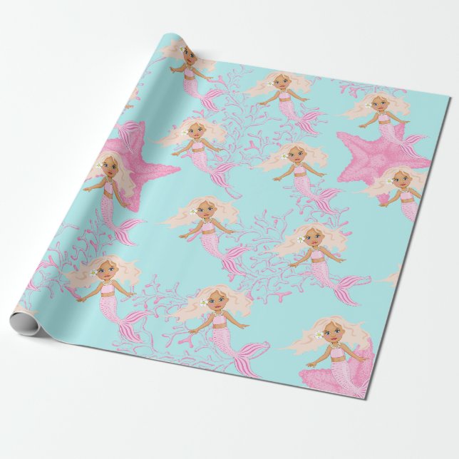 Mermaid Cute Girly Pink Blue Under The Sea Wrapping Paper (Unrolled)