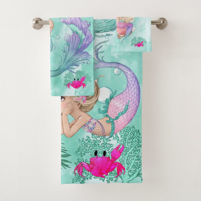 Mermaid Cute Green Starfish Personal Bath Towel Set (Insitu)