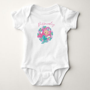 Mermaid Cute Little Girl Mermaid Pink Flowers Baby Bodysuit