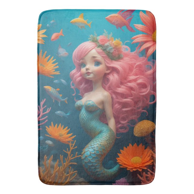 Mermaid Cute Pink Bath Mat (Front Vertical)