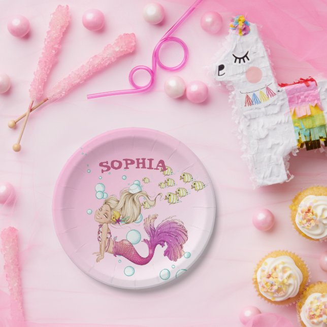 Mermaid Cute Pink Personal Pink Paper Plate (Party)