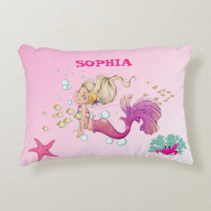 Mermaid Cute Pink Starfish Personal Blue Accent Pillow