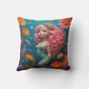 Mermaid Cute Pink Throw Pillow