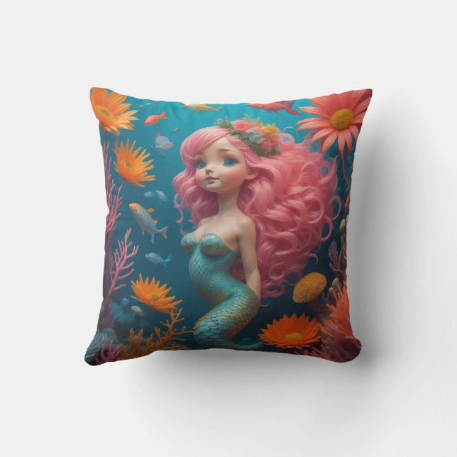 Mermaid Cute Pink Throw Pillow (Back)