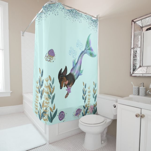 Mermaid Dachshund Shower Curtain (In Situ)