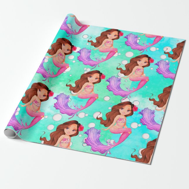 Mermaid Dark Hair Bubbles Bright Blue Gift      Wrapping Paper (Unrolled)