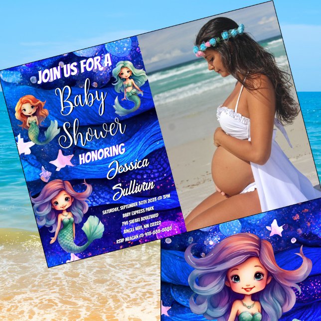 Mermaid Deep Blue Purple Sea Photo Baby Shower     Invitation (Stunning deep blue and purple sea Mermaid Baby Shower theme.)