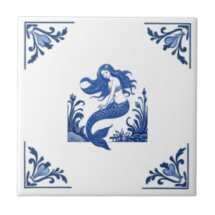 Mermaid Delft Blue and White Floral Corners Tile