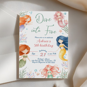 Mermaid Dive into Five 5th Birthday Girl Invitation