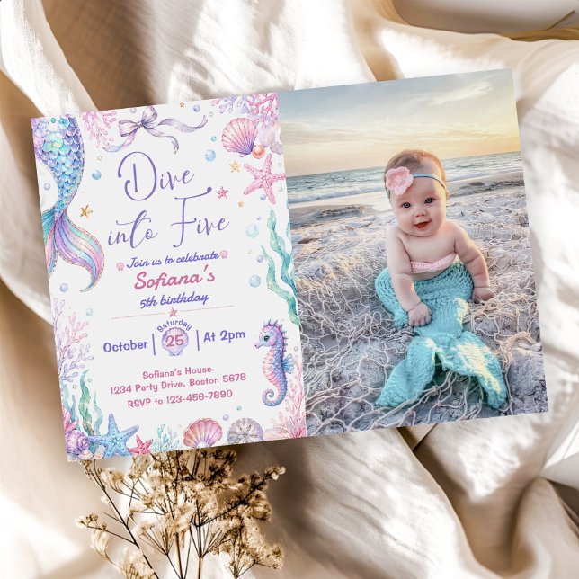 Mermaid Dive Into Five 5th Birthday Party Invitation (Creator Uploaded)