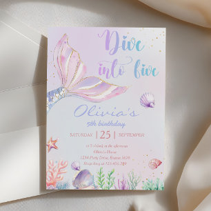 Mermaid Dive Into Five 5th Birthday Party Invitation