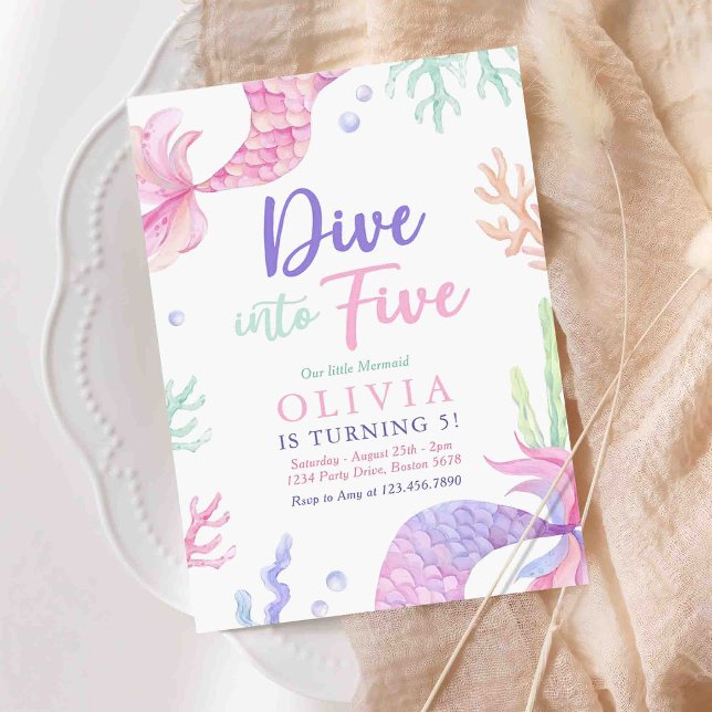 Mermaid Dive Into Five 5th Birthday Party  Invitation (Creator Uploaded)