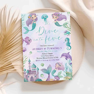 Mermaid Dive Into Five 5th Birthday Party Invitation