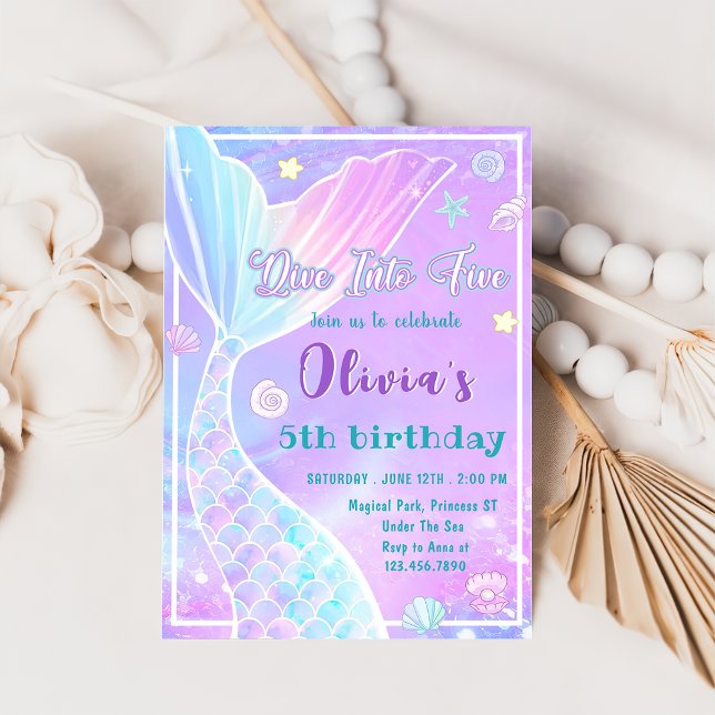 Mermaid Dive Into Five 5th Birthday Party Invitation (Creator Uploaded)
