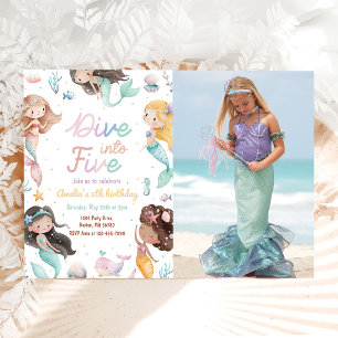 Mermaid Dive Into Five 5th Birthday Party Photo Invitation