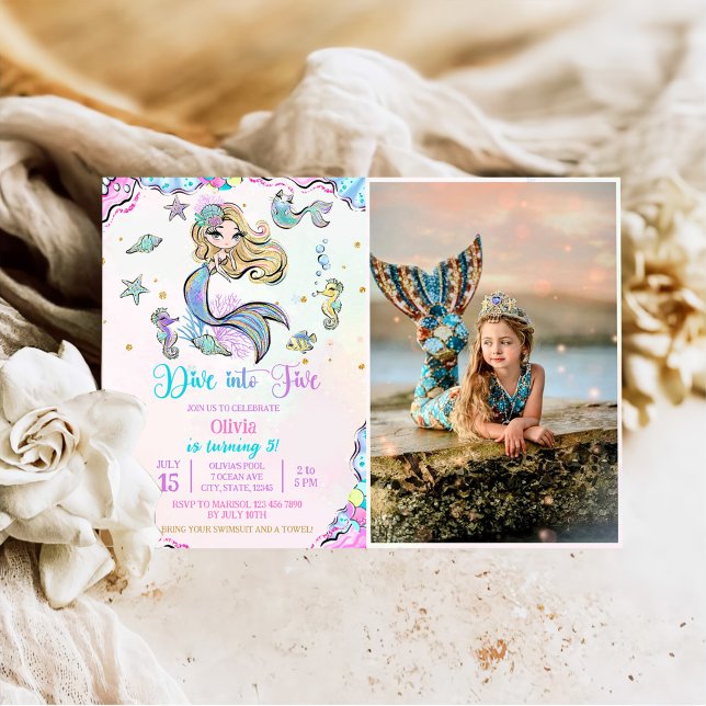 Mermaid Dive Into Five 5th Birthday Party Photo Invitation (Creator Uploaded)