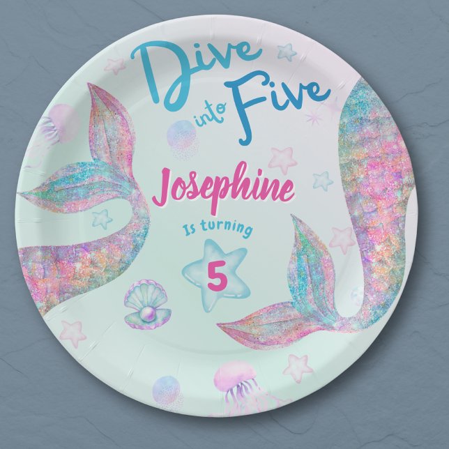 Mermaid dive into five birthday watercolor round paper plate (Creator Uploaded)