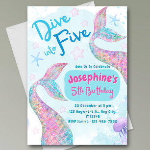 Mermaid dive into five colorful fifth birthday invitation