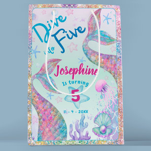Mermaid dive into five fifth birthday colorful medium gift bag