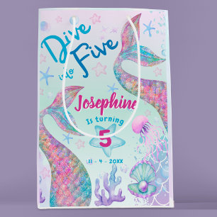 Mermaid dive into five fifth birthday watercolor medium gift bag