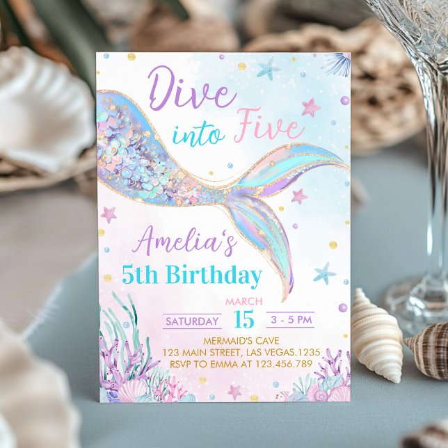 Mermaid Dive into Five Girl Birthday Invitation (Creator Uploaded)