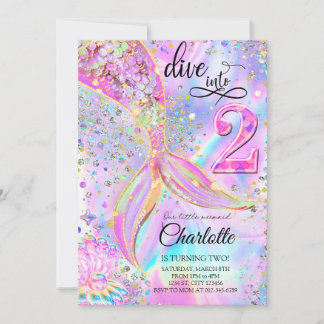 Mermaid Dive Into Two 2th Birthday Party  Invitation