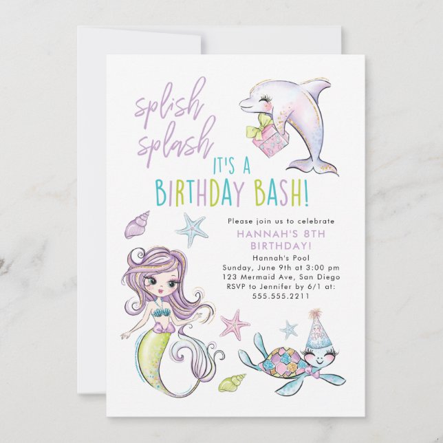Mermaid, Dolphin, Turtle Birthday Invitation (Front)