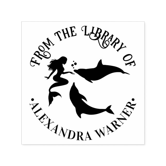Mermaid, Dolphins Silhouette Library Book Name Self-inking Stamp (Design)