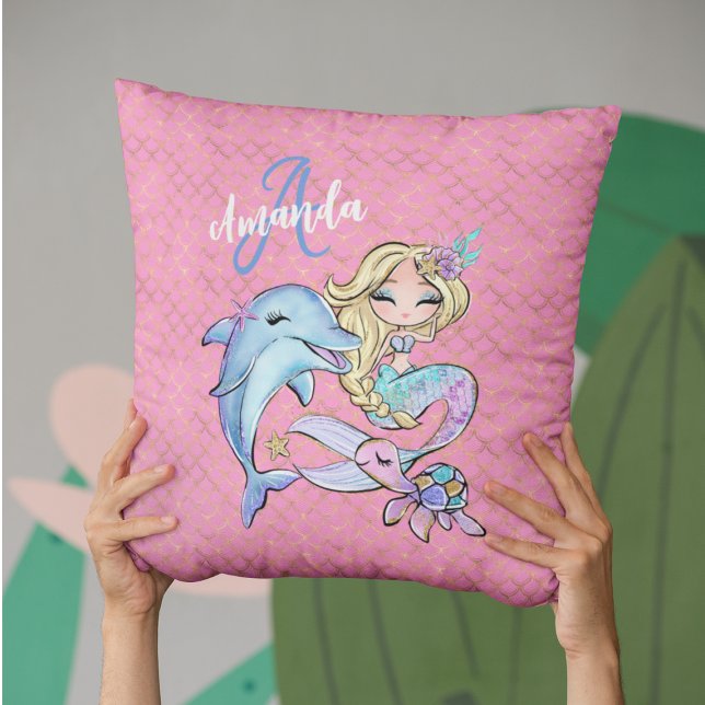Mermaid Dolpin Pink Gold Monogram Girl Bedroom Throw Pillow (Mermaid Custom Pink Gold Monogram Girl Bedroom Throw Pillow
)