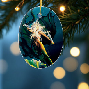 Mermaid Dragon Fantasy Blue Ceramic Ornament