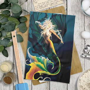 Mermaid Dragon Fantasy Blue Kitchen Towel
