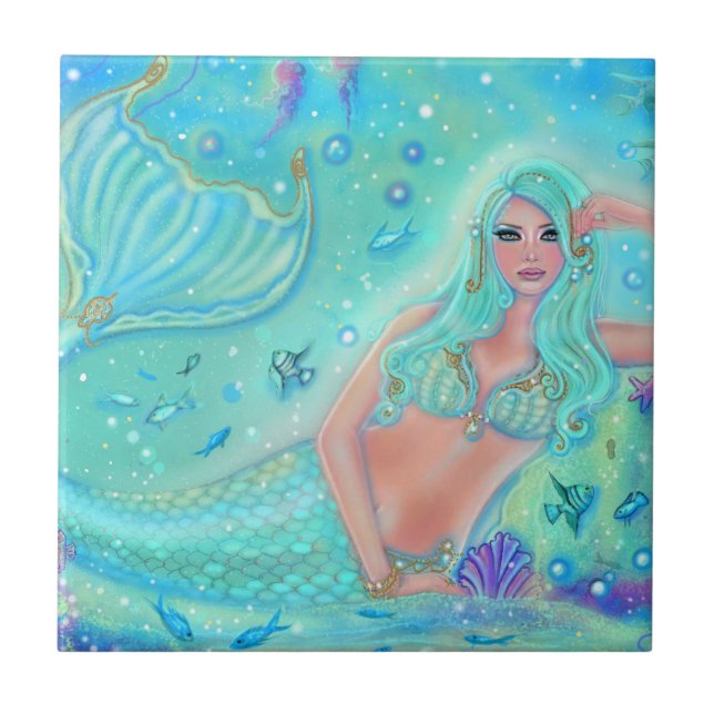 Mermaid Eira with tropical fish by Renee Lavoie Tile (Front)