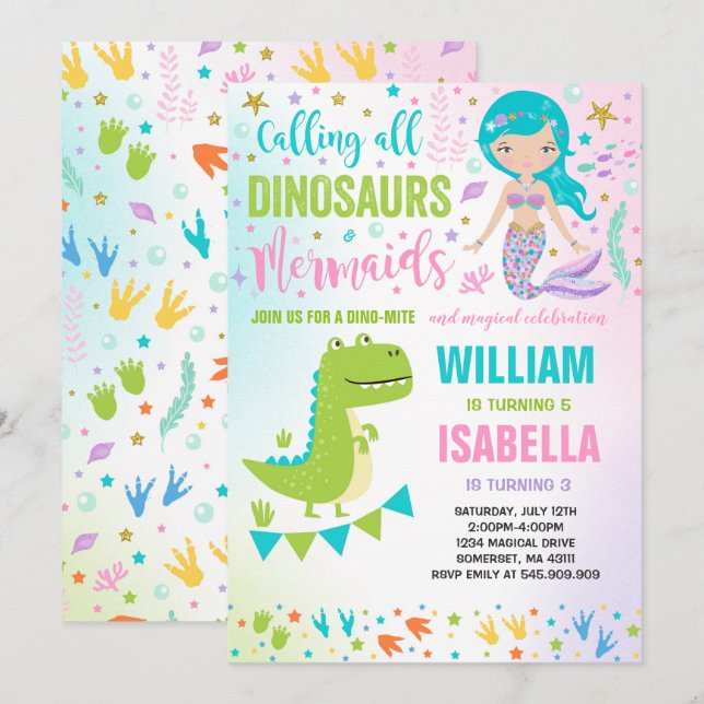Mermaid Et Dinosaur Invitation Magique (Devant / Derrière)